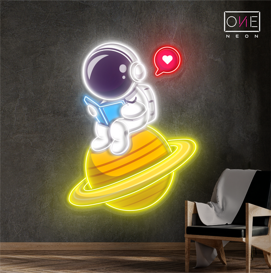 Cute Astronaut Reading Artwork Led Neon Sign