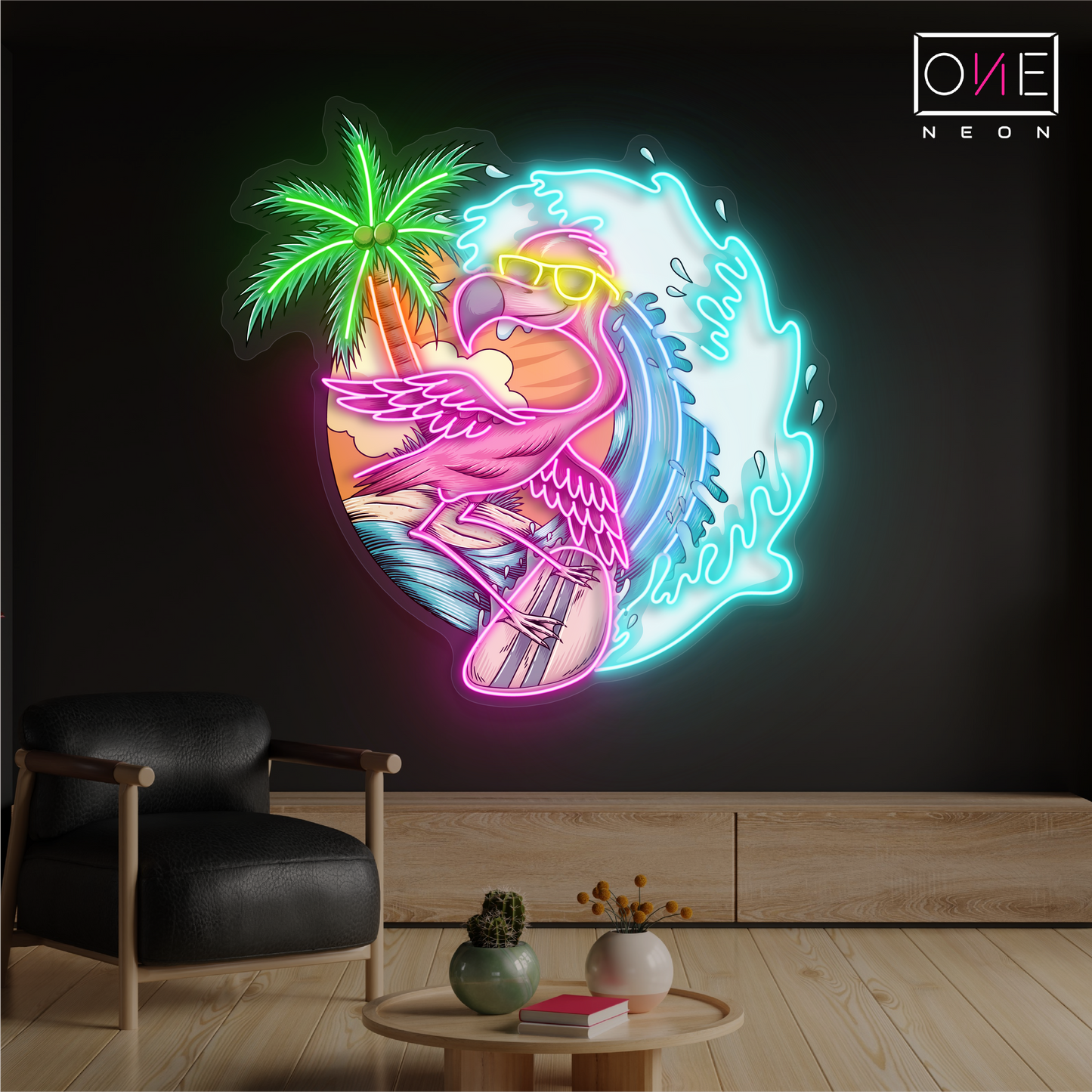 Surfing Flamingo Artwork Led Neon Sign