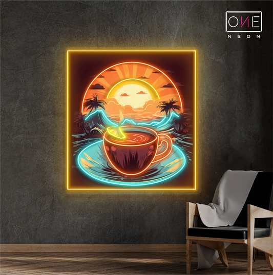 Panneau néon à LED avec illustration de café au lever du soleil tropical 