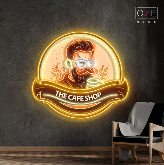 Enseigne au néon à LED avec illustration de café hipster 