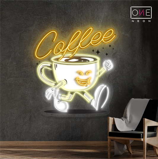 Enseigne au néon à LED avec illustration de tasse de café Happy Cup 