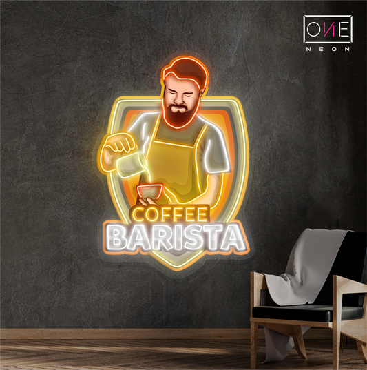 Panneau néon à LED avec illustration de barista de café 